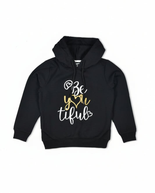Black Typographic Printed Hoodie for Girls